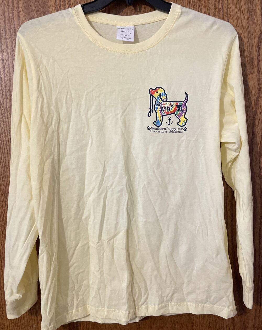 Southern Spirit Puppy Life Womens T Shirt M Top Long Sleeve Yellow Dog Love